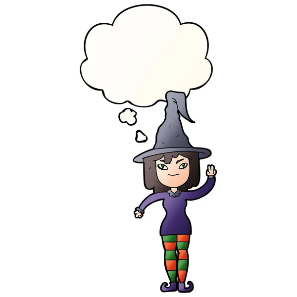 Cartoon witch and thought bubble in smooth gradient style — Stock Vector