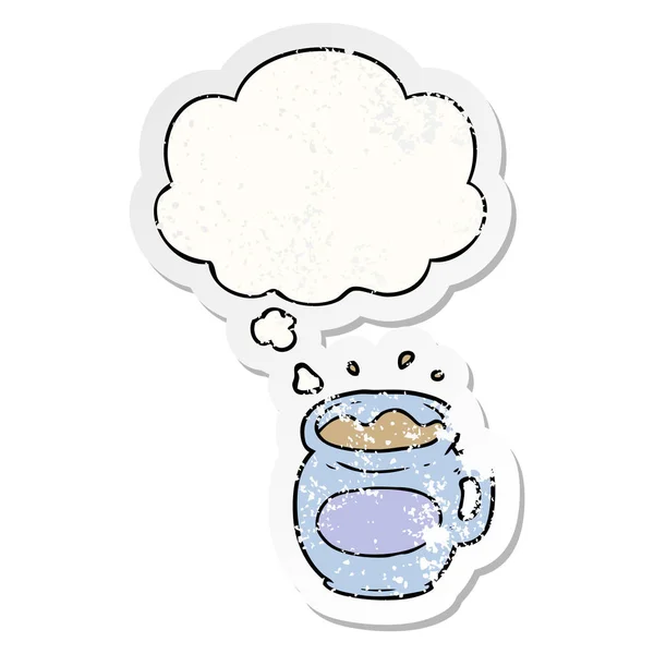 Cartoon koffie kopje en dacht Bubble als een verdrietig versleten stok — Stockvector