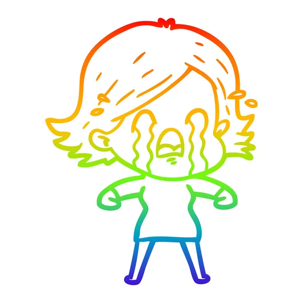 Rainbow gradient line drawing cartoon woman crying — Stock Vector