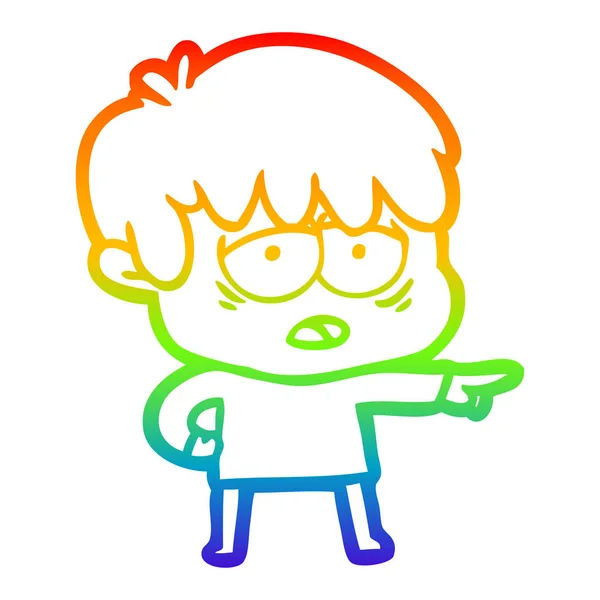 Regenbogen-Gradienten-Linie Zeichnung Karikatur erschöpften Jungen — Stockvektor