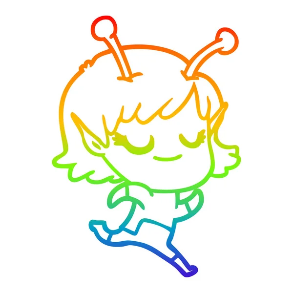Rainbow gradient ligne dessin sourire alien fille dessin animé en cours d'exécution — Image vectorielle
