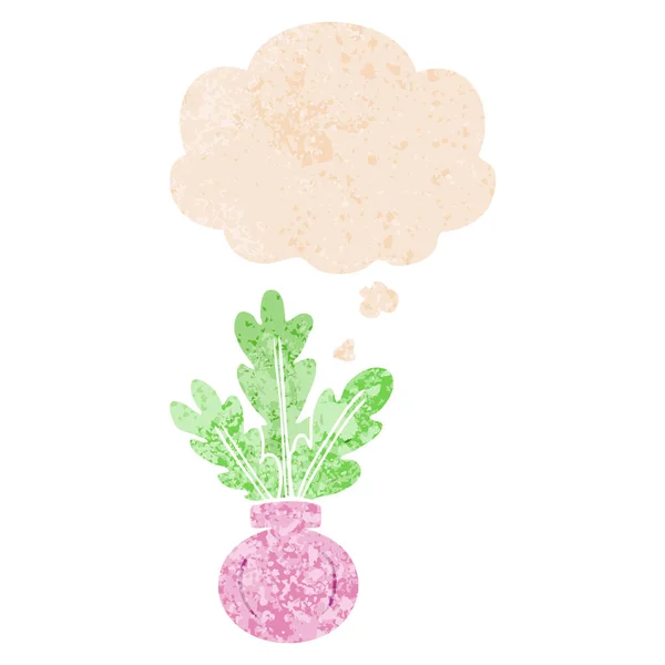 Рослина в вазі і мисленні бульбашки в ретро текстурованому стилі — стоковий вектор