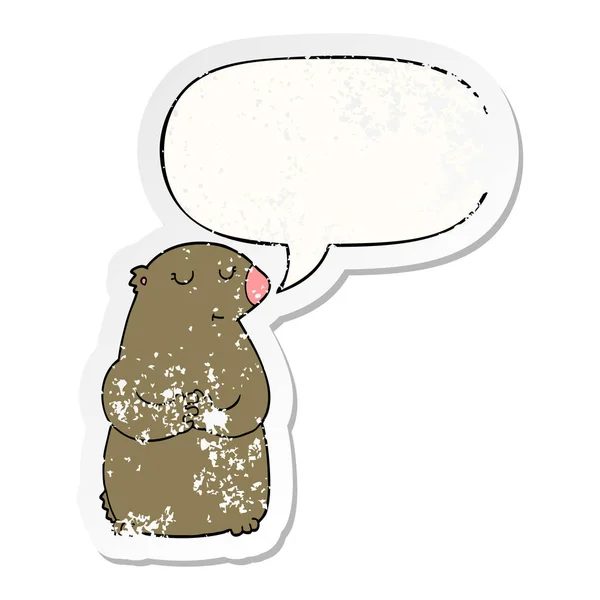 Carino orso dei cartoni animati e adesivo bolla vocale angosciato — Vettoriale Stock