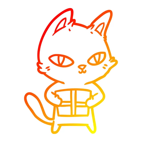 暖かいグラデーションライン描画漫画猫は、小包を保持 — ストックベクタ