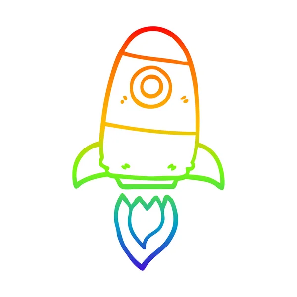 Rainbow gradient line drawing cartoon space rocket — Stock Vector