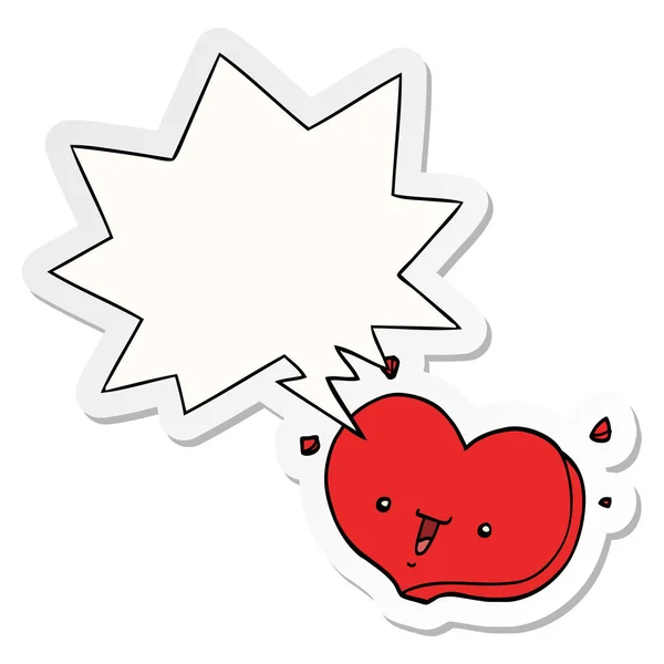 Cartoon happy love heart and speech bubble sticker — Stock Vector
