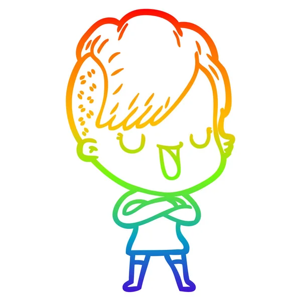 彩虹渐变线绘制可爱的卡通女孩与嬉皮士海 — 图库矢量图片