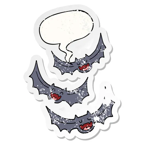 Cartoon vampire bats and speech bubble distressed sticker — Stock Vector