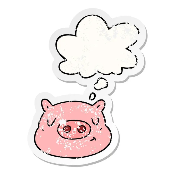 Visage de porc dessin animé et bulle de pensée comme un autocollant usé affligé — Image vectorielle