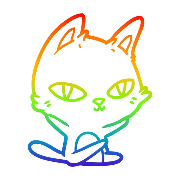 Rainbow gradient linje ritning tecknad katt stirrar — Stock vektor