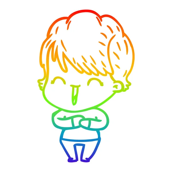Arco-íris linha gradiente desenho cartoon rindo mulher — Vetor de Stock