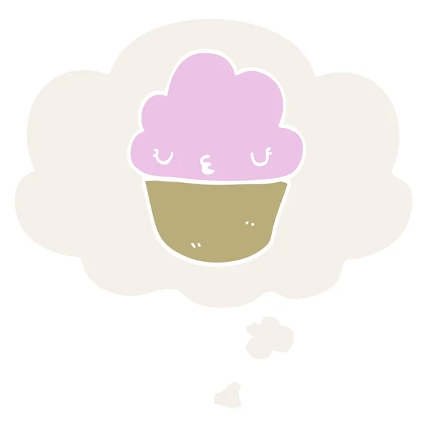 Cupcake dos desenhos animados com rosto e bolha de pensamento em estilo retro —  Vetores de Stock