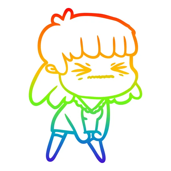 Arco-íris linha gradiente desenho cartoon menina irritada — Vetor de Stock