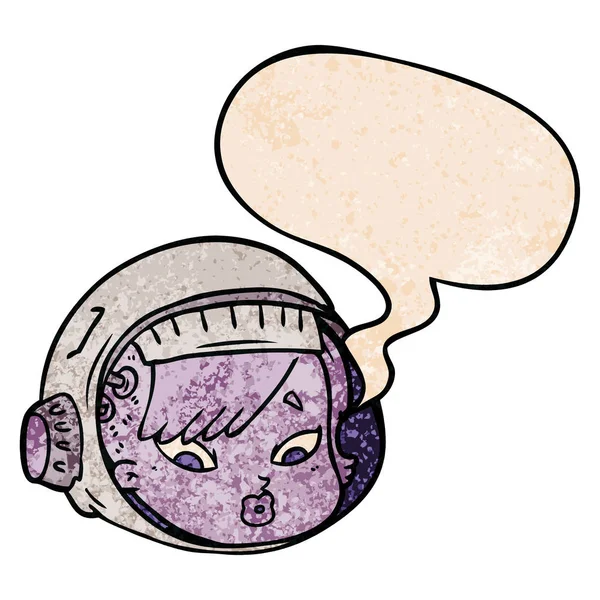 Cartoon astronaut face and speech bubble in retro texture style — Stock Vector