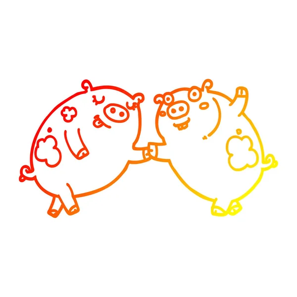 Línea de gradiente caliente dibujo dibujos animados cerdos bailando — Archivo Imágenes Vectoriales