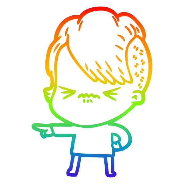 Regenboog gradiënt lijntekening cartoon geërgerd hipster meisje — Stockvector