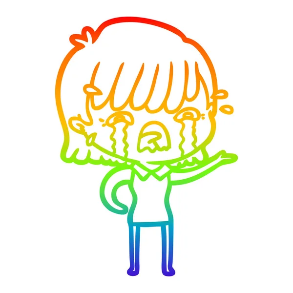 Arco iris gradiente línea dibujo dibujos animados chica llorando — Vector de stock