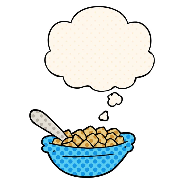 Cuenco de cereales de dibujos animados y burbuja de pensamiento en estilo de cómic — Vector de stock