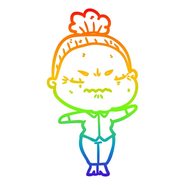 Regenboog gradiënt lijntekening cartoon geïrriteerde oude dame — Stockvector