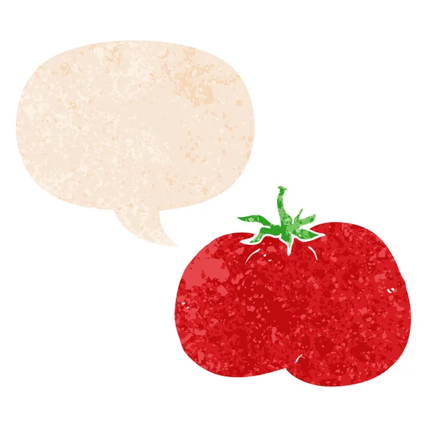 Cartoon tomato and speech bubble in retro textured style — Stock Vector