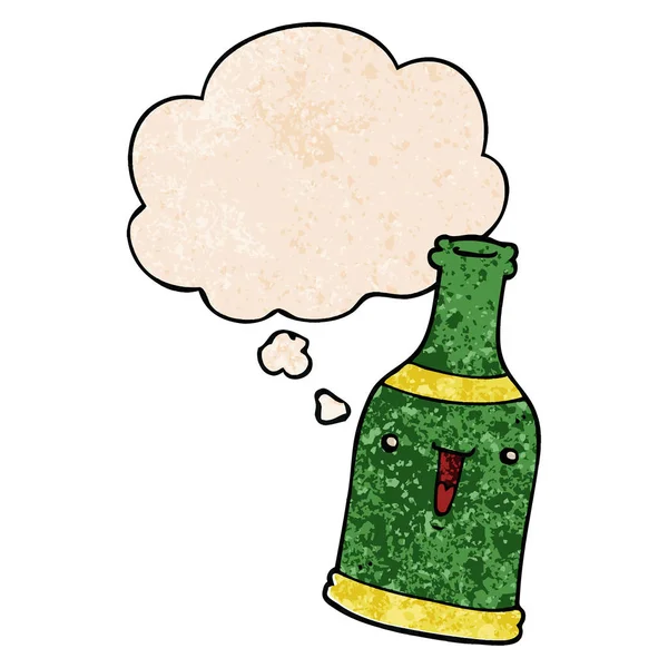 Garrafa de cerveja dos desenhos animados e bolha de pensamento no padrão de textura grunge — Vetor de Stock