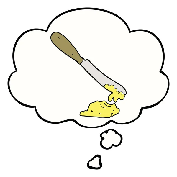 Faca dos desenhos animados espalhando manteiga e bolha pensamento — Vetor de Stock
