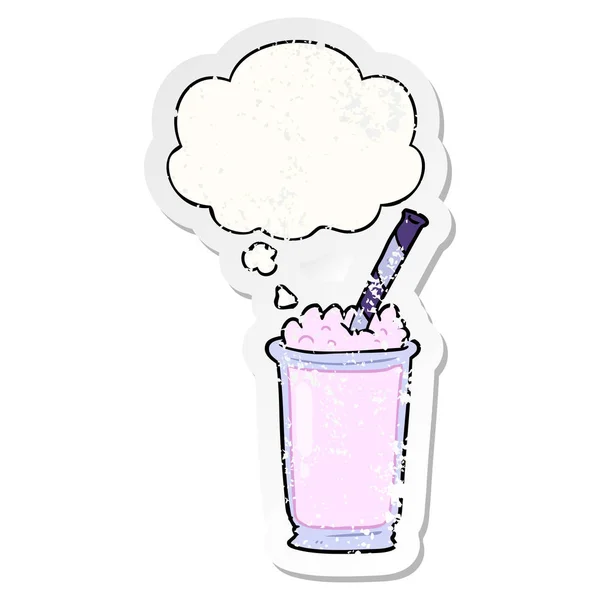 Cartoon milkshake and thought bubble as a distressed worn sticke — Stock Vector