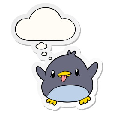 sevimli karikatür penguen ve basılı bir etiket olarak kabarcık düşünce