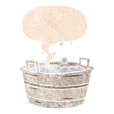 retro dokulu tarzı karikatür eski tin banyo ve konuşma balonu