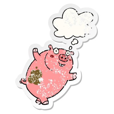 komik karikatür domuz ve sıkıntılı yıpranmış sticke olarak kabarcık düşündüm