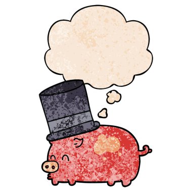 karikatür domuz üst şapka giyen ve grunge doku da kabarcık düşünce