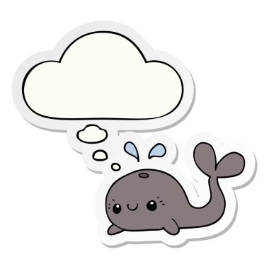 sevimli karikatür balina ve baskılı bir etiket olarak kabarcık düşünce