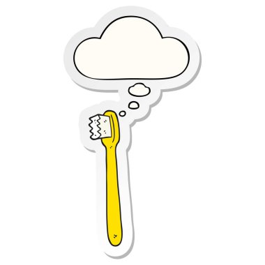 karikatür diş fırçası ve baskılı bir etiket olarak kabarcık düşünce