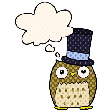 çizgi film baykuş üst şapka giyen ve çizgi roman sty düşünce balonu