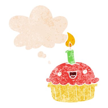 retro dokulu mum ve düşünce balonu ile karikatür cupcake