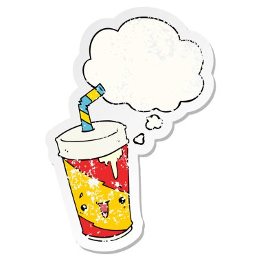 karikatür soda fincan ve sıkıntılı yıpranmış etiket olarak kabarcık düşünce