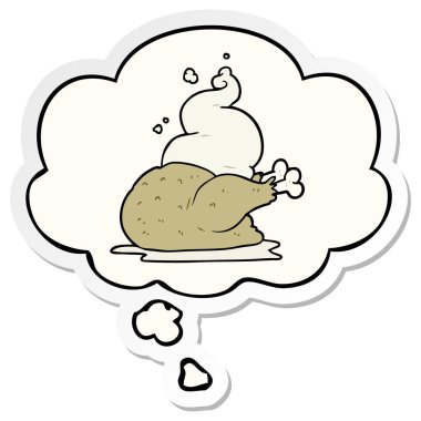 karikatür pişmiş tavuk ve baskılı bir etiket olarak kabarcık düşünce