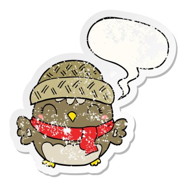 şapka ve konuşma balonu sıkıntılı etiket sevimli karikatür baykuş