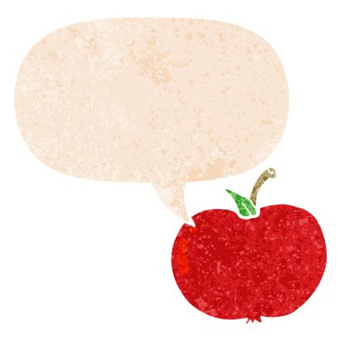 retro dokulu tarzda karikatür elma ve konuşma balonu