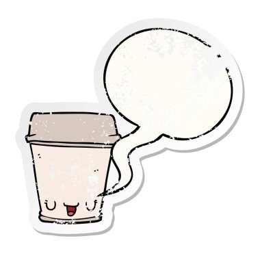 karikatür kahve fincanı ve konuşma balonu sıkıntılı etiket