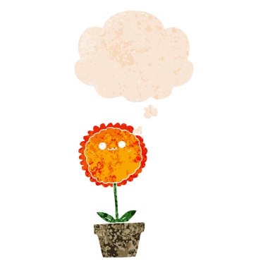 retro dokulu tarzında karikatür çiçek ve düşünce balonu