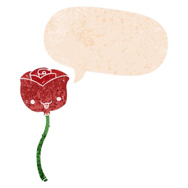 retro dokulu tarzda karikatür çiçek ve konuşma balonu