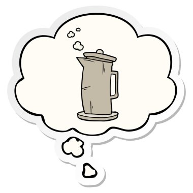 karikatür eski su ısıtıcısı ve baskılı bir etiket olarak kabarcık düşünce