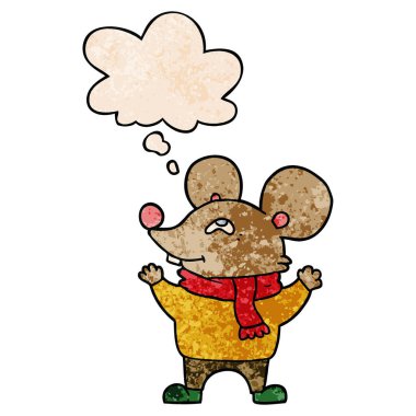 karikatür fare eşarp giyen ve grunge doku da kabarcık düşünce