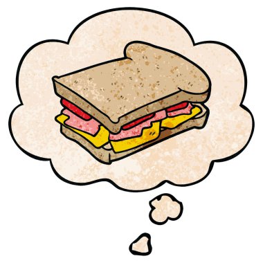 karikatür jambon sandviç ve grunge doku patter düşünce balonu