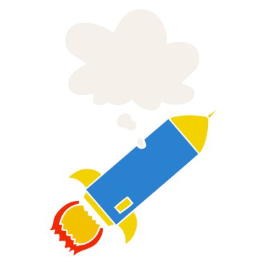 karikatür roket ve retro tarzında düşünce balonu