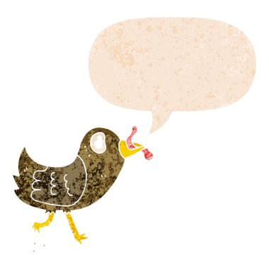 retro dokulu tarzında solucan ve konuşma balonu ile karikatür kuş