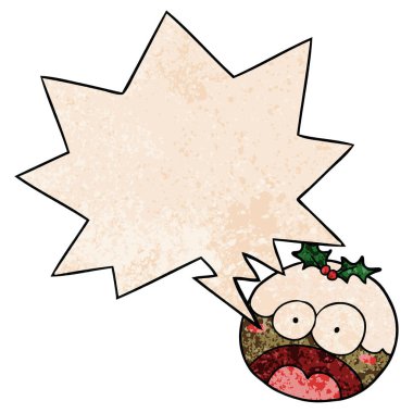 karikatür noel puding ve şok yüz ve konuşma balonu içinde 