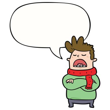 kış giysileri ve konuşma balonu karikatür adam