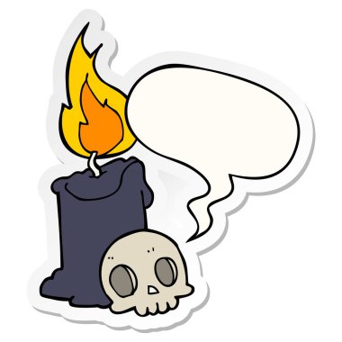 karikatür kafatası ve mum ve konuşma kabarcık etiket